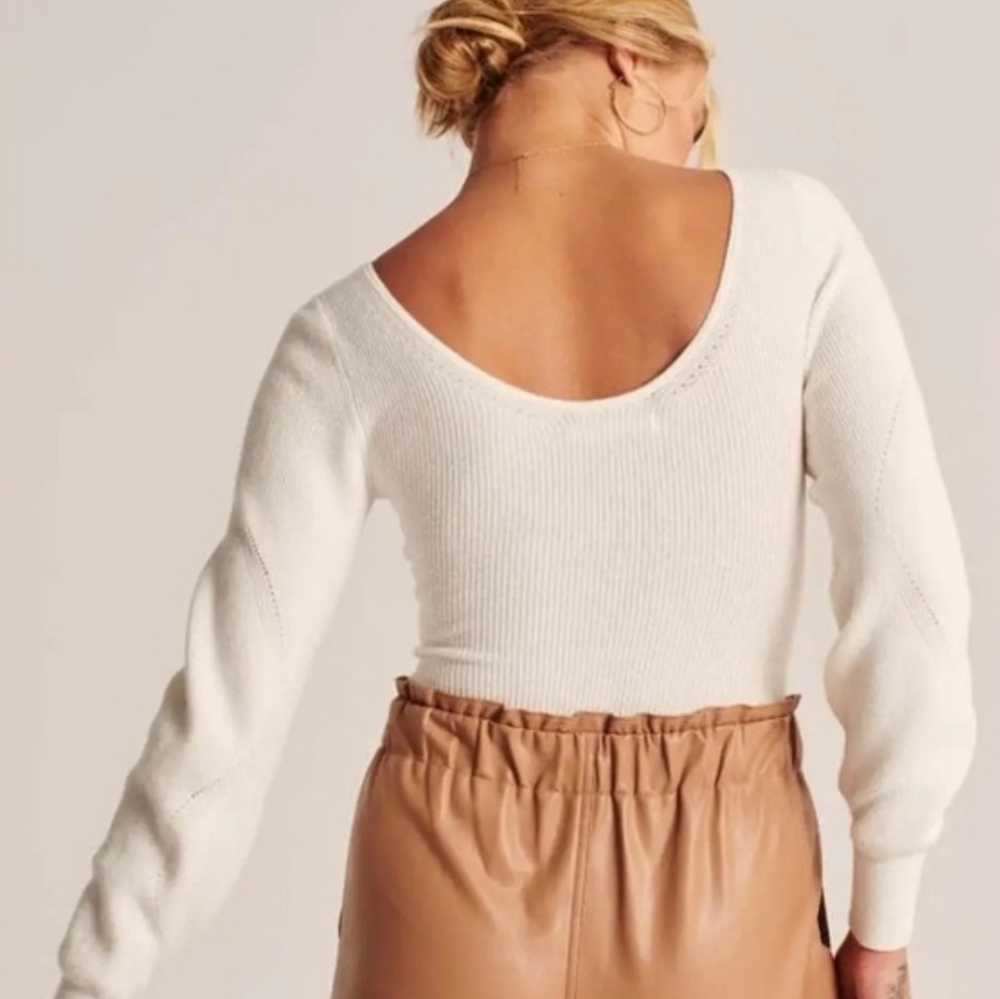 Abercrombie & Fitch Ribbed V-Neck Sweater Balloon Sleeve Bodysuit Small White - Picture 12 of 12